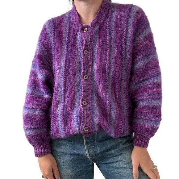 Handmade Sweaters - Vintage Hand Knit Purple Wool Mohair Fluffy Oversized Striped Cardigan Sz L